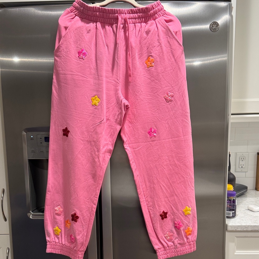 Pink Floral Embroidered Joggers